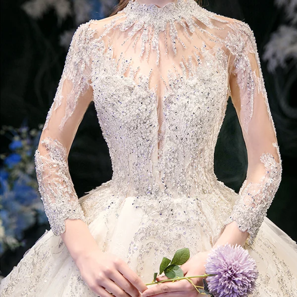 High-end Champagne See-through Bridal Wedding Dresses 2020 Ball Gown High Neck 3/4 Sleeve Appliques Lace Sequins Beading Cathedral Train Ruffle