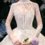 High-end Champagne See-through Bridal Wedding Dresses 2020 Ball Gown High Neck 3/4 Sleeve Appliques Lace Sequins Beading Cathedral Train Ruffle