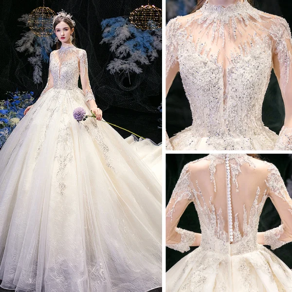 High-end Champagne See-through Bridal Wedding Dresses 2020 Ball Gown High Neck 3/4 Sleeve Appliques Lace Sequins Beading Cathedral Train Ruffle