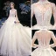 High-end Champagne See-through Bridal Wedding Dresses 2020 Ball Gown High Neck 3/4 Sleeve Appliques Lace Sequins Beading Cathedral Train Ruffle