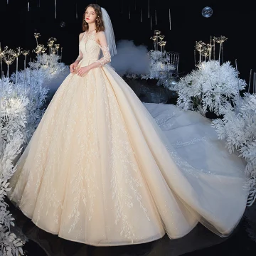 High End Champagne See Through Bridal Wedding Dresses 2020 Ball Gown Scoop Neck 3 4 Sleeve Backless Leaf Appliques Lace Beading Glitter Tulle Cathedral Train Ruffle