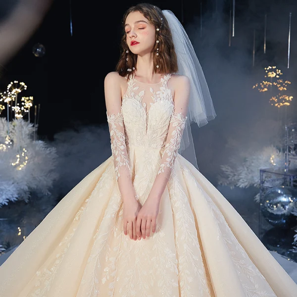 High-end Champagne See-through Bridal Wedding Dresses 2020 Ball Gown Scoop Neck 3/4 Sleeve Backless Leaf Appliques Lace Beading Glitter Tulle Cathedral Train Ruffle