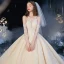 High-end Champagne See-through Bridal Wedding Dresses 2020 Ball Gown Scoop Neck 3/4 Sleeve Backless Leaf Appliques Lace Beading Glitter Tulle Cathedral Train Ruffle