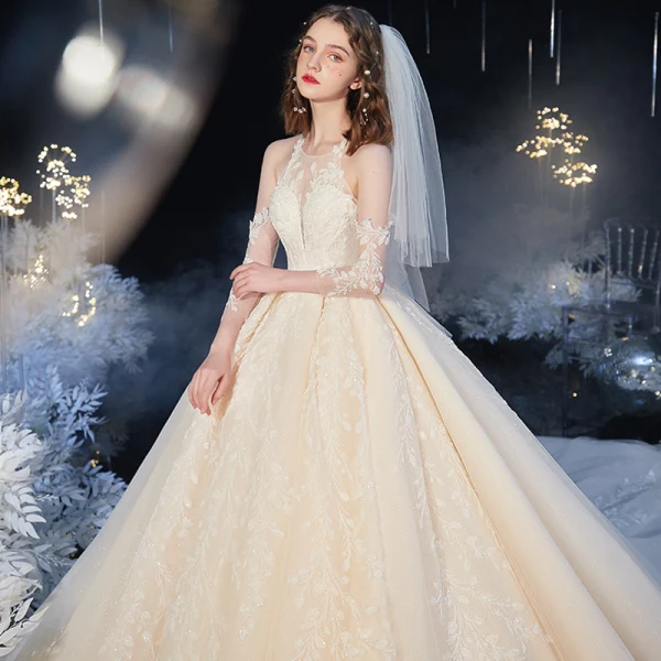 High-end Champagne See-through Bridal Wedding Dresses 2020 Ball Gown Scoop Neck 3/4 Sleeve Backless Leaf Appliques Lace Beading Glitter Tulle Cathedral Train Ruffle
