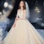 High-end Champagne See-through Bridal Wedding Dresses 2020 Ball Gown Scoop Neck 3/4 Sleeve Backless Leaf Appliques Lace Beading Glitter Tulle Cathedral Train Ruffle