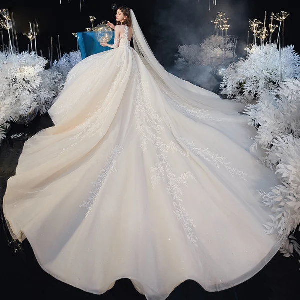 High-end Champagne See-through Bridal Wedding Dresses 2020 Ball Gown Scoop Neck 3/4 Sleeve Backless Leaf Appliques Lace Beading Glitter Tulle Cathedral Train Ruffle