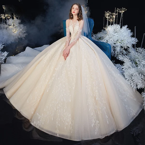 High-end Champagne See-through Bridal Wedding Dresses 2020 Ball Gown Scoop Neck 3/4 Sleeve Backless Leaf Appliques Lace Beading Glitter Tulle Cathedral Train Ruffle