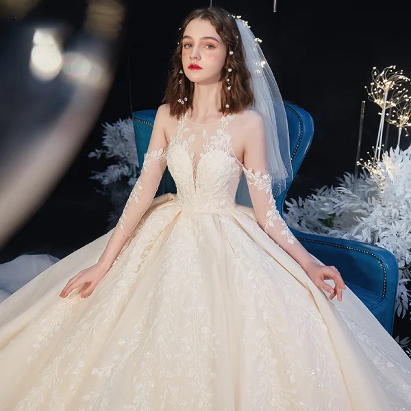 High-end Champagne See-through Bridal Wedding Dresses 2020 Ball Gown Scoop Neck 3/4 Sleeve Backless Leaf Appliques Lace Beading Glitter Tulle Cathedral Train Ruffle