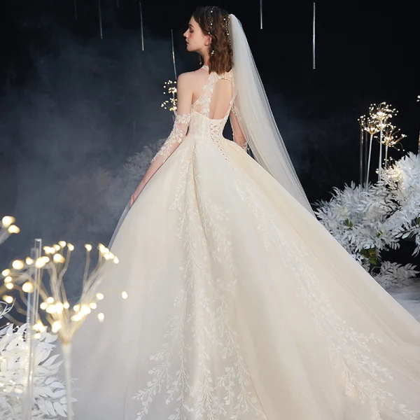 High-end Champagne See-through Bridal Wedding Dresses 2020 Ball Gown Scoop Neck 3/4 Sleeve Backless Leaf Appliques Lace Beading Glitter Tulle Cathedral Train Ruffle