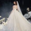 High-end Champagne See-through Bridal Wedding Dresses 2020 Ball Gown Scoop Neck 3/4 Sleeve Backless Leaf Appliques Lace Beading Glitter Tulle Cathedral Train Ruffle