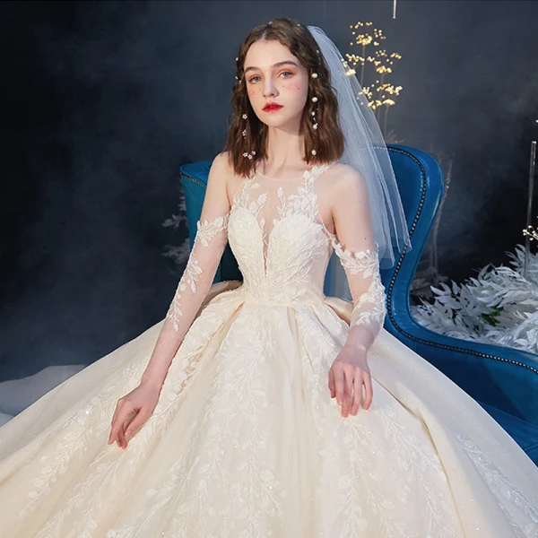 High-end Champagne See-through Bridal Wedding Dresses 2020 Ball Gown Scoop Neck 3/4 Sleeve Backless Leaf Appliques Lace Beading Glitter Tulle Cathedral Train Ruffle
