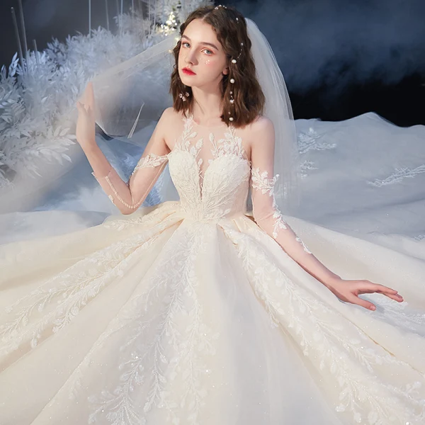 High-end Champagne See-through Bridal Wedding Dresses 2020 Ball Gown Scoop Neck 3/4 Sleeve Backless Leaf Appliques Lace Beading Glitter Tulle Cathedral Train Ruffle
