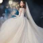 High-end Champagne See-through Bridal Wedding Dresses 2020 Ball Gown Scoop Neck 3/4 Sleeve Backless Leaf Appliques Lace Beading Glitter Tulle Cathedral Train Ruffle