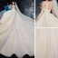 High-end Champagne See-through Bridal Wedding Dresses 2020 Ball Gown Scoop Neck 3/4 Sleeve Backless Leaf Appliques Lace Beading Glitter Tulle Cathedral Train Ruffle