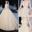 High-end Champagne See-through Bridal Wedding Dresses 2020 Ball Gown Scoop Neck 3/4 Sleeve Backless Leaf Appliques Lace Beading Glitter Tulle Cathedral Train Ruffle