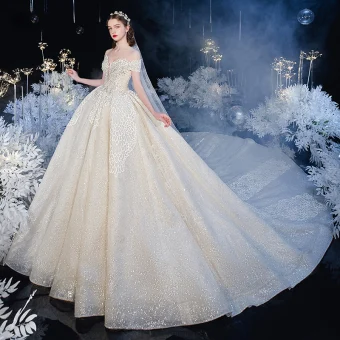 Best Champagne Bridal Wedding Dresses 2020 Ball Gown Off The Shoulder Short Sleeve Backless Glitter Tulle Appliques Lace Beading Cathedral Train Ruffle
