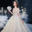 Bäst Champagne Brud Bröllopsklänningar 2020 Balklänning Av Axeln Korta ärm Halterneck Glittriga / Glitter Tyll Appliqués Spets Beading Cathedral Train Ruffle