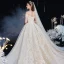 Bäst Champagne Brud Bröllopsklänningar 2020 Balklänning Av Axeln Korta ärm Halterneck Glittriga / Glitter Tyll Appliqués Spets Beading Cathedral Train Ruffle