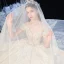 Bäst Champagne Brud Bröllopsklänningar 2020 Balklänning Av Axeln Korta ärm Halterneck Glittriga / Glitter Tyll Appliqués Spets Beading Cathedral Train Ruffle