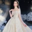 Bäst Champagne Brud Bröllopsklänningar 2020 Balklänning Av Axeln Korta ärm Halterneck Glittriga / Glitter Tyll Appliqués Spets Beading Cathedral Train Ruffle
