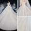Bäst Champagne Brud Bröllopsklänningar 2020 Balklänning Av Axeln Korta ärm Halterneck Glittriga / Glitter Tyll Appliqués Spets Beading Cathedral Train Ruffle