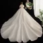 Vintage / Retro Champagne Bridal Wedding Dresses 2020 Ball Gown See-through High Neck Short Sleeve Backless Appliques Lace Beading Glitter Tulle Cathedral Train Ruffle