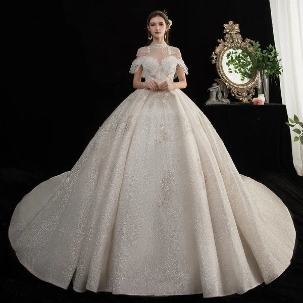 Vintage / Retro Champagne Bridal Wedding Dresses 2020 Ball Gown See-through High Neck Short Sleeve Backless Appliques Lace Beading Glitter Tulle Cathedral Train Ruffle