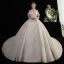 Vintage / Retro Champagne Bridal Wedding Dresses 2020 Ball Gown See-through High Neck Short Sleeve Backless Appliques Lace Beading Glitter Tulle Cathedral Train Ruffle