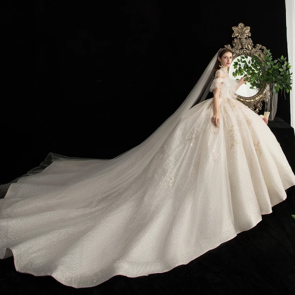 Vintage / Retro Champagne Bridal Wedding Dresses 2020 Ball Gown See-through High Neck Short Sleeve Backless Appliques Lace Beading Glitter Tulle Cathedral Train Ruffle