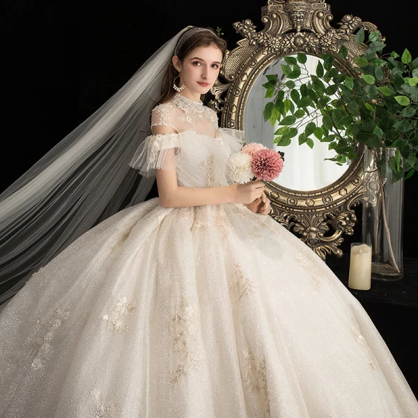 Vintage / Retro Champagne Bridal Wedding Dresses 2020 Ball Gown See-through High Neck Short Sleeve Backless Appliques Lace Beading Glitter Tulle Cathedral Train Ruffle