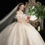 Vintage / Retro Champagne Bridal Wedding Dresses 2020 Ball Gown See-through High Neck Short Sleeve Backless Appliques Lace Beading Glitter Tulle Cathedral Train Ruffle