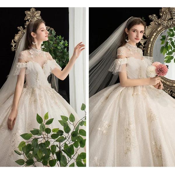 Vintage / Retro Champagne Bridal Wedding Dresses 2020 Ball Gown See-through High Neck Short Sleeve Backless Appliques Lace Beading Glitter Tulle Cathedral Train Ruffle