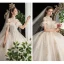 Vintage / Retro Champagne Bridal Wedding Dresses 2020 Ball Gown See-through High Neck Short Sleeve Backless Appliques Lace Beading Glitter Tulle Cathedral Train Ruffle