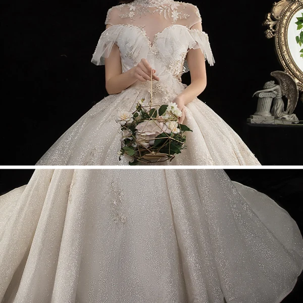 Vintage / Retro Champagne Bridal Wedding Dresses 2020 Ball Gown See-through High Neck Short Sleeve Backless Appliques Lace Beading Glitter Tulle Cathedral Train Ruffle