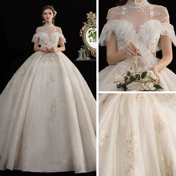 Vintage / Retro Champagne Bridal Wedding Dresses 2020 Ball Gown See-through High Neck Short Sleeve Backless Appliques Lace Beading Glitter Tulle Cathedral Train Ruffle