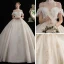Vintage / Retro Champagne Bridal Wedding Dresses 2020 Ball Gown See-through High Neck Short Sleeve Backless Appliques Lace Beading Glitter Tulle Cathedral Train Ruffle