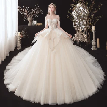 Chic Beautiful Champagne Bridal Wedding Dresses 2020 Ball Gown Off The Shoulder Short Sleeve Backless Appliques Lace Beading Cathedral Train Ruffle