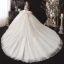 Chic / Belle Champagne La Mariée Robe De Mariée 2020 Robe Boule De l'épaule Manches Courtes Dos Nu Appliques En Dentelle Perlage Cathedral Train Volants