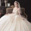 Chic / Belle Champagne La Mariée Robe De Mariée 2020 Robe Boule De l'épaule Manches Courtes Dos Nu Appliques En Dentelle Perlage Cathedral Train Volants