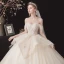 Chic / Belle Champagne La Mariée Robe De Mariée 2020 Robe Boule De l'épaule Manches Courtes Dos Nu Appliques En Dentelle Perlage Cathedral Train Volants