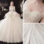 Chic / Belle Champagne La Mariée Robe De Mariée 2020 Robe Boule De l'épaule Manches Courtes Dos Nu Appliques En Dentelle Perlage Cathedral Train Volants