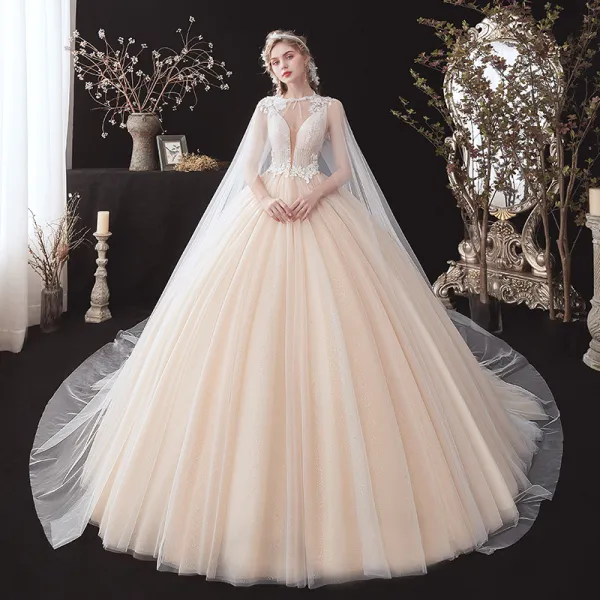 Romantic Champagne Bridal Wedding Dresses With Shawl 2020 Ball Gown ...