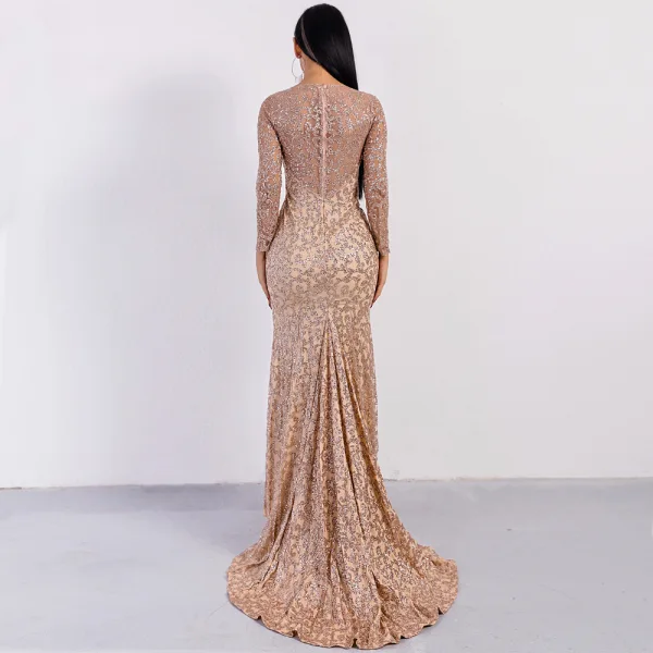 Affordable Rose Gold See-through Evening Dresses 2020 Trumpet / Mermaid Scoop Neck Long Sleeve Glitter Tulle Floor-Length / Long Formal Dresses