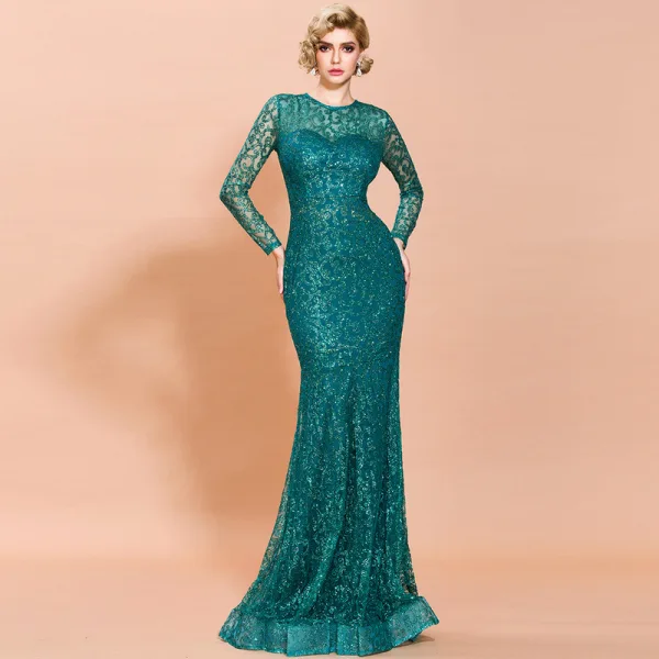 Affordable Rose Gold See-through Evening Dresses 2020 Trumpet / Mermaid Scoop Neck Long Sleeve Glitter Tulle Floor-Length / Long Formal Dresses