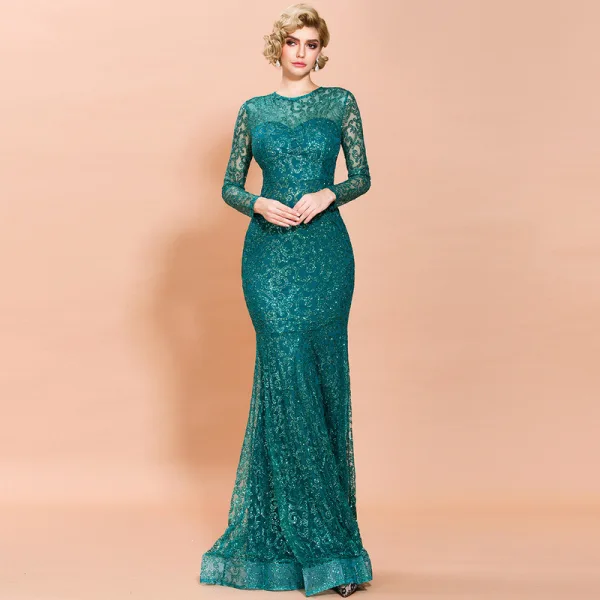 Affordable Rose Gold See-through Evening Dresses 2020 Trumpet / Mermaid Scoop Neck Long Sleeve Glitter Tulle Floor-Length / Long Formal Dresses
