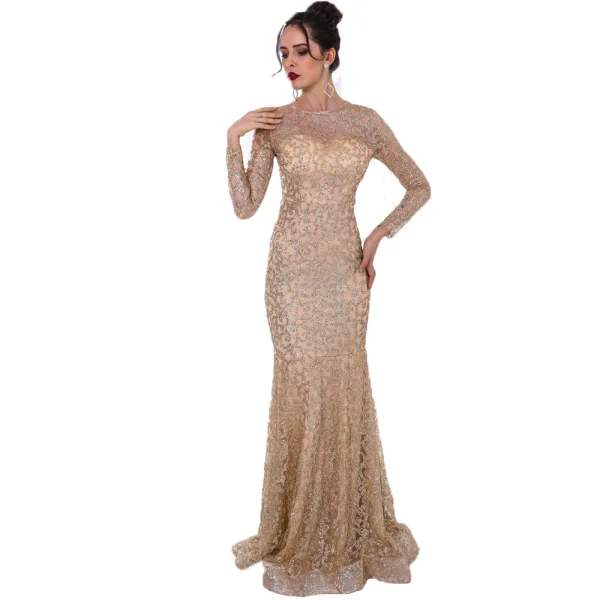 Affordable Rose Gold See-through Evening Dresses 2020 Trumpet / Mermaid Scoop Neck Long Sleeve Glitter Tulle Floor-Length / Long Formal Dresses