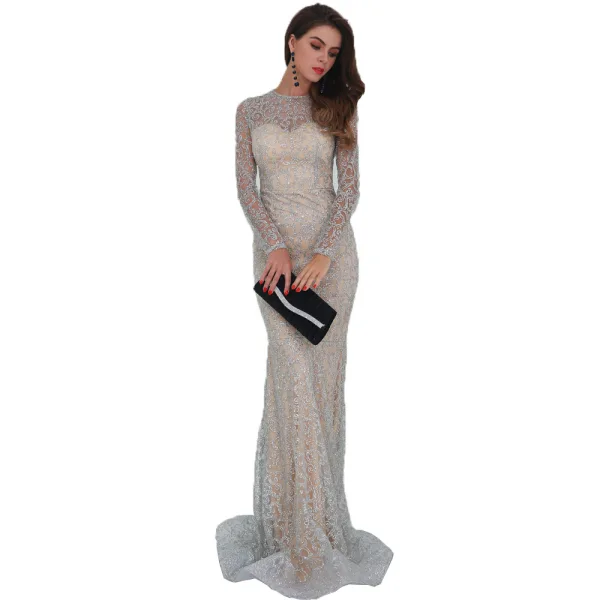 Affordable Rose Gold See-through Evening Dresses 2020 Trumpet / Mermaid Scoop Neck Long Sleeve Glitter Tulle Floor-Length / Long Formal Dresses