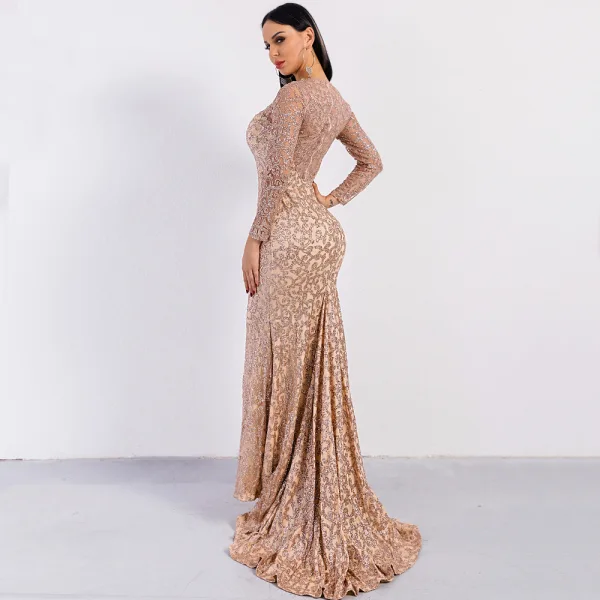 Affordable Rose Gold See-through Evening Dresses 2020 Trumpet / Mermaid Scoop Neck Long Sleeve Glitter Tulle Floor-Length / Long Formal Dresses