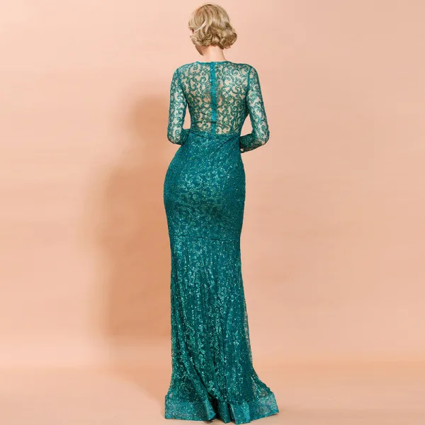 Affordable Rose Gold See-through Evening Dresses 2020 Trumpet / Mermaid Scoop Neck Long Sleeve Glitter Tulle Floor-Length / Long Formal Dresses