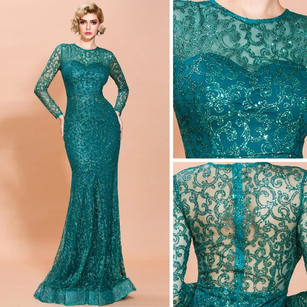Affordable Rose Gold See-through Evening Dresses 2020 Trumpet / Mermaid Scoop Neck Long Sleeve Glitter Tulle Floor-Length / Long Formal Dresses